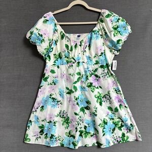 NEW Old Navy Dress XL Blue Purple Floral Cotton Smocked Puff Mini Babydoll